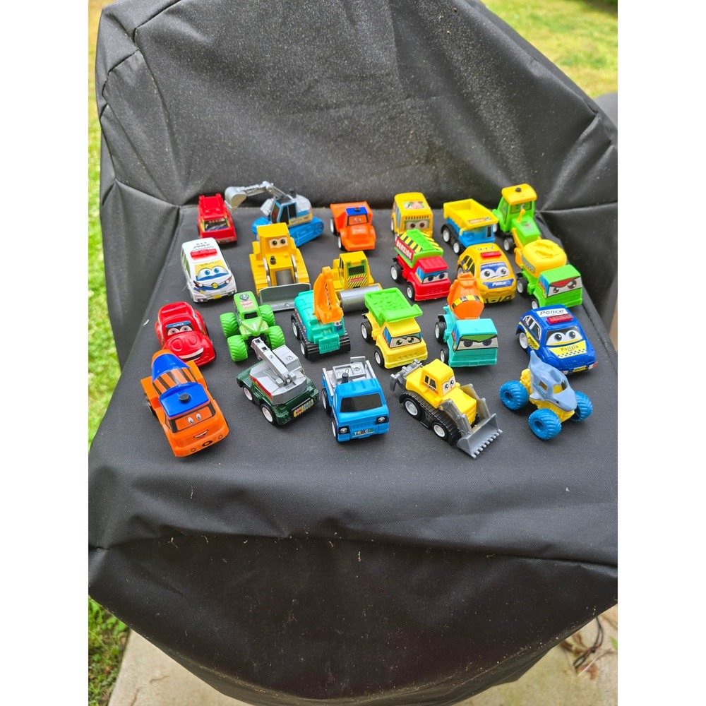 Lot of 23‎ Toy Construction Trucks Emergency Vehicles and Cars with Faces Multi